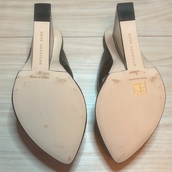 GOOD AMERICAN CINDER F*UCKING RELLA CLEAR WEDGE SANDAL BLACK PATENT LEATHER NWOB - Picture 14 of 15